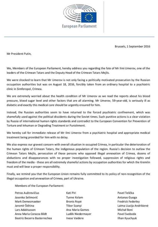 European Parliament Members urge Putin to release Ilmi Umerov